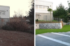 Vorher und Nachher einer Umgestaltung eines Hangs mit Rasen
